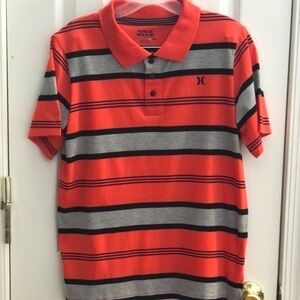 𝅺BOYS Hurley Orange gray and black striped collared short sleeve shirt lg 12-13